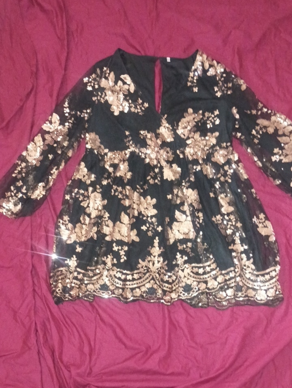 D&M Black Dress Mesh Sleeves Gold Floral Sequin Embroidery Size 1XL Beautiful